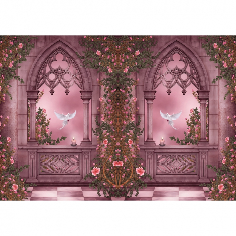 Flowers and pigeons in the arches